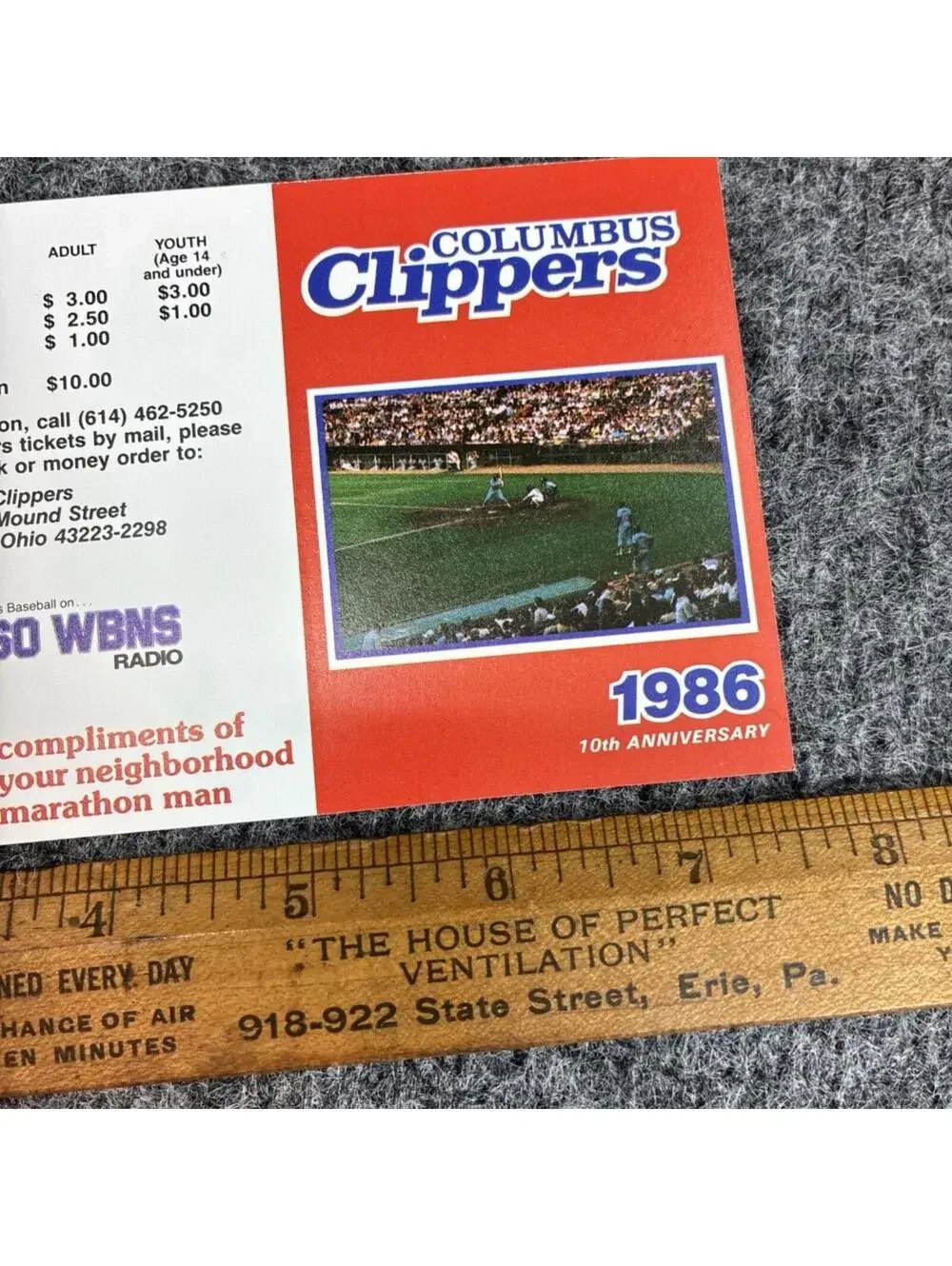 Vintage 1986 Columbus Clippers Pocket Schedule Marathon Gas 10th Anniversary
